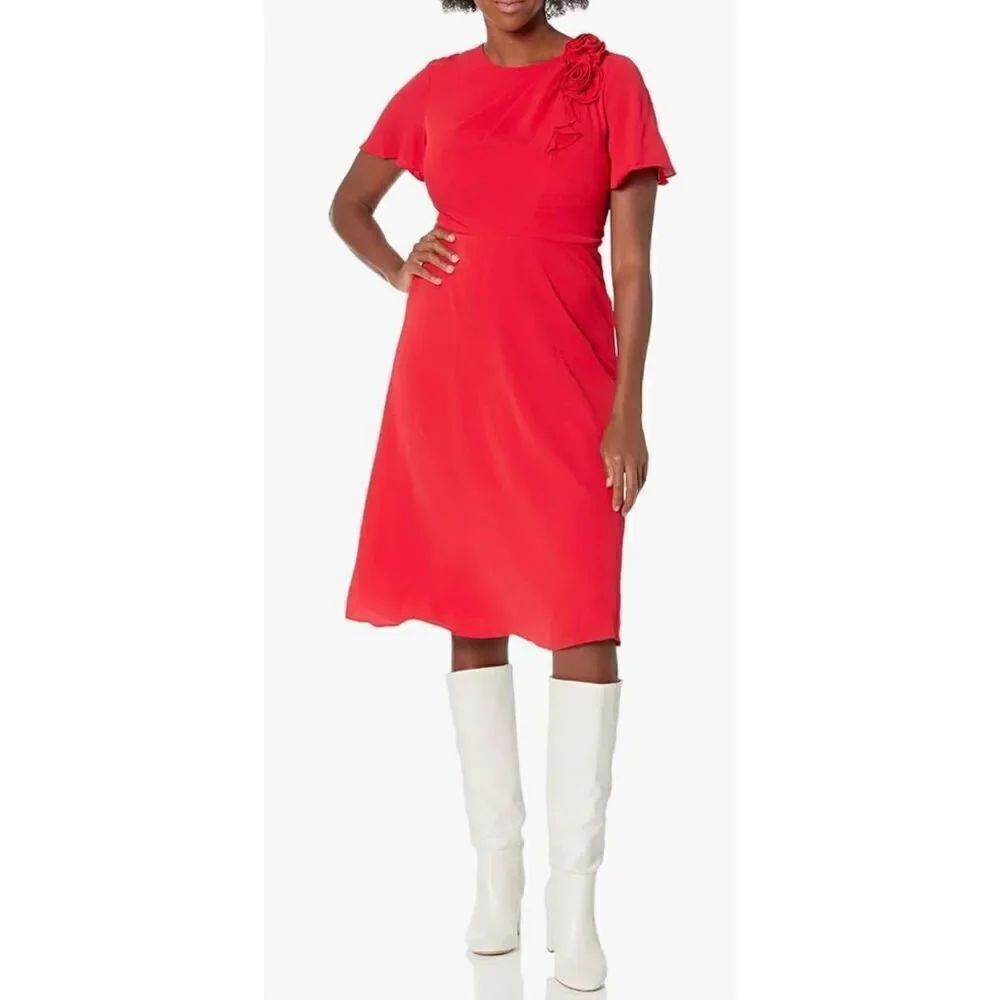 London Times Women's Rosette Flutter Sleeve Fit and Flare